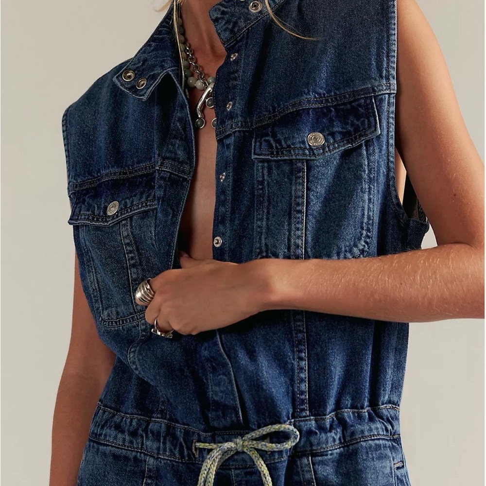 Free People Dark Blue Denim Overalls shorts
